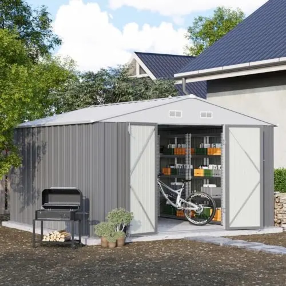 Gardening Tools Storage - 10x10 FT Metal Storage Shed, Brown